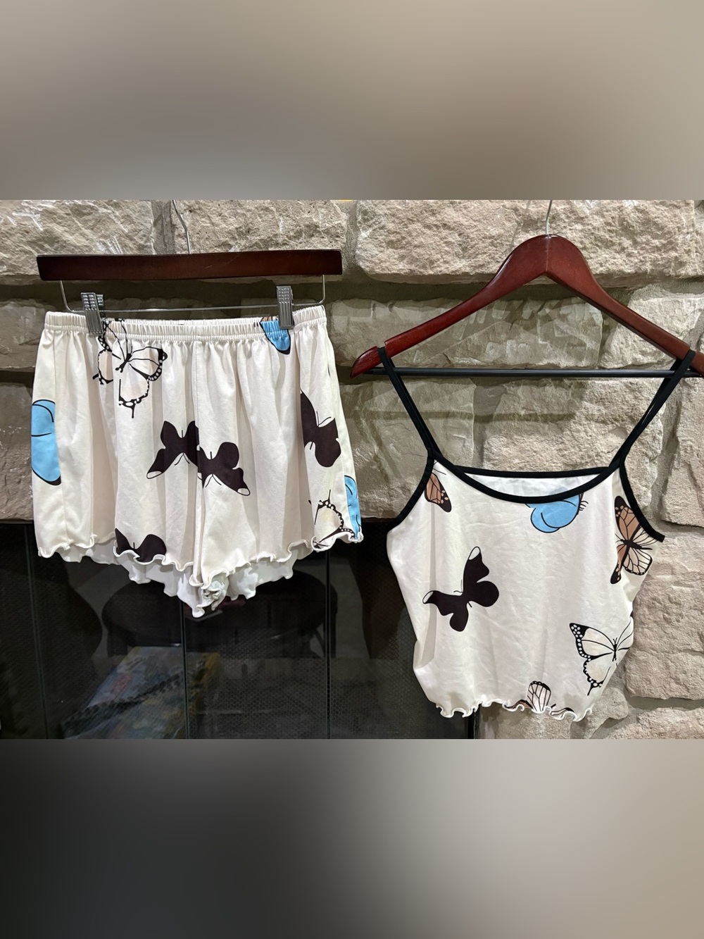 SHEIN Cream Butterfly Print Cami & Shorts Sleep Set
